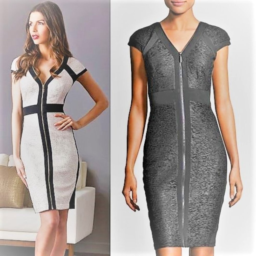 *JAX* Textured Zip-Front Cap-Sleeve Black Dress - Size 2